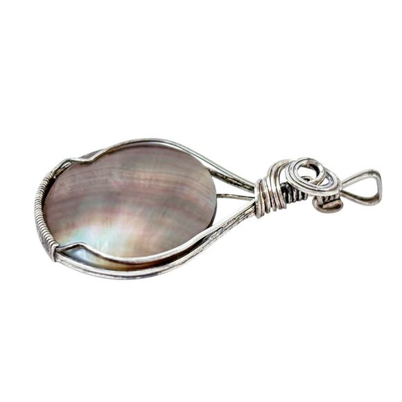 Vintage Sterling Silver 925 Wire Wrapped Abalone Pendant - Picture 4 of 7